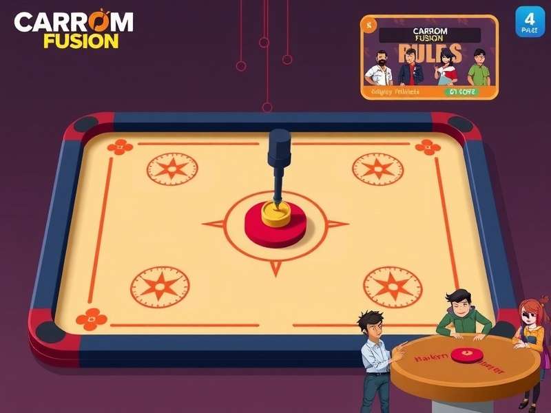 Carrom Fusion rules illustration showing board setup and striking techniques